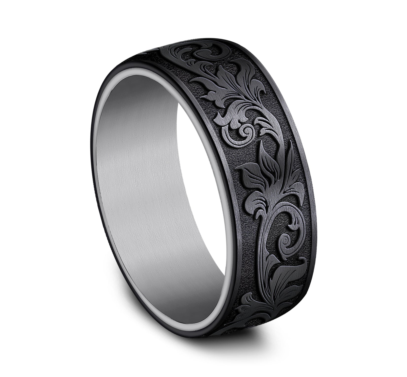 THE PALACE 8mm, Comfort fit, Grey Tantalum and Black Titanium, Vintage script pattern, straight edges