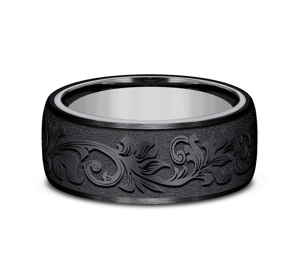 THE PALACE 8mm, Comfort fit, Grey Tantalum and Black Titanium, Vintage script pattern, straight edges