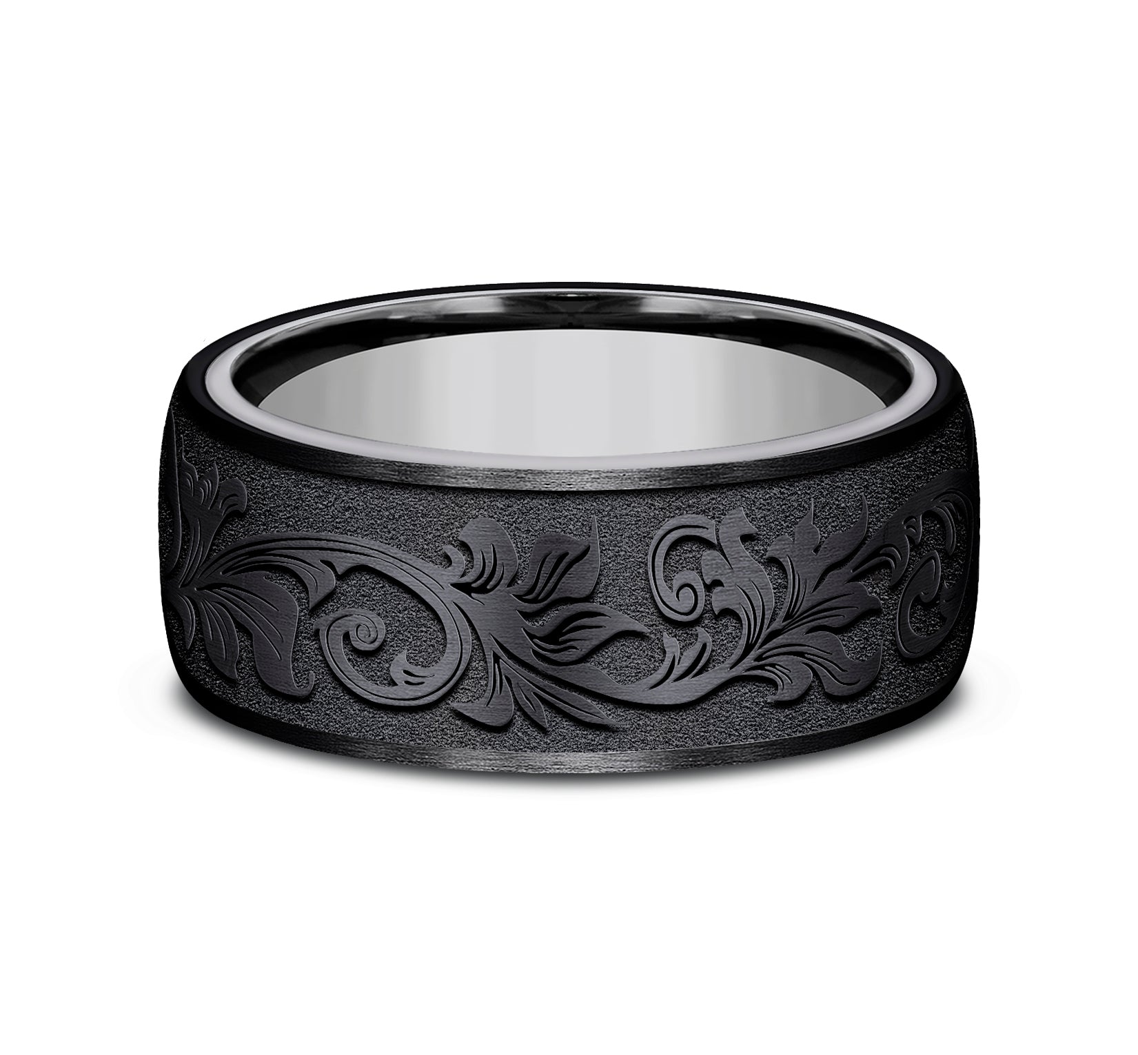 THE PALACE 8mm, Comfort fit, Grey Tantalum and Black Titanium, Vintage script pattern, straight edges
