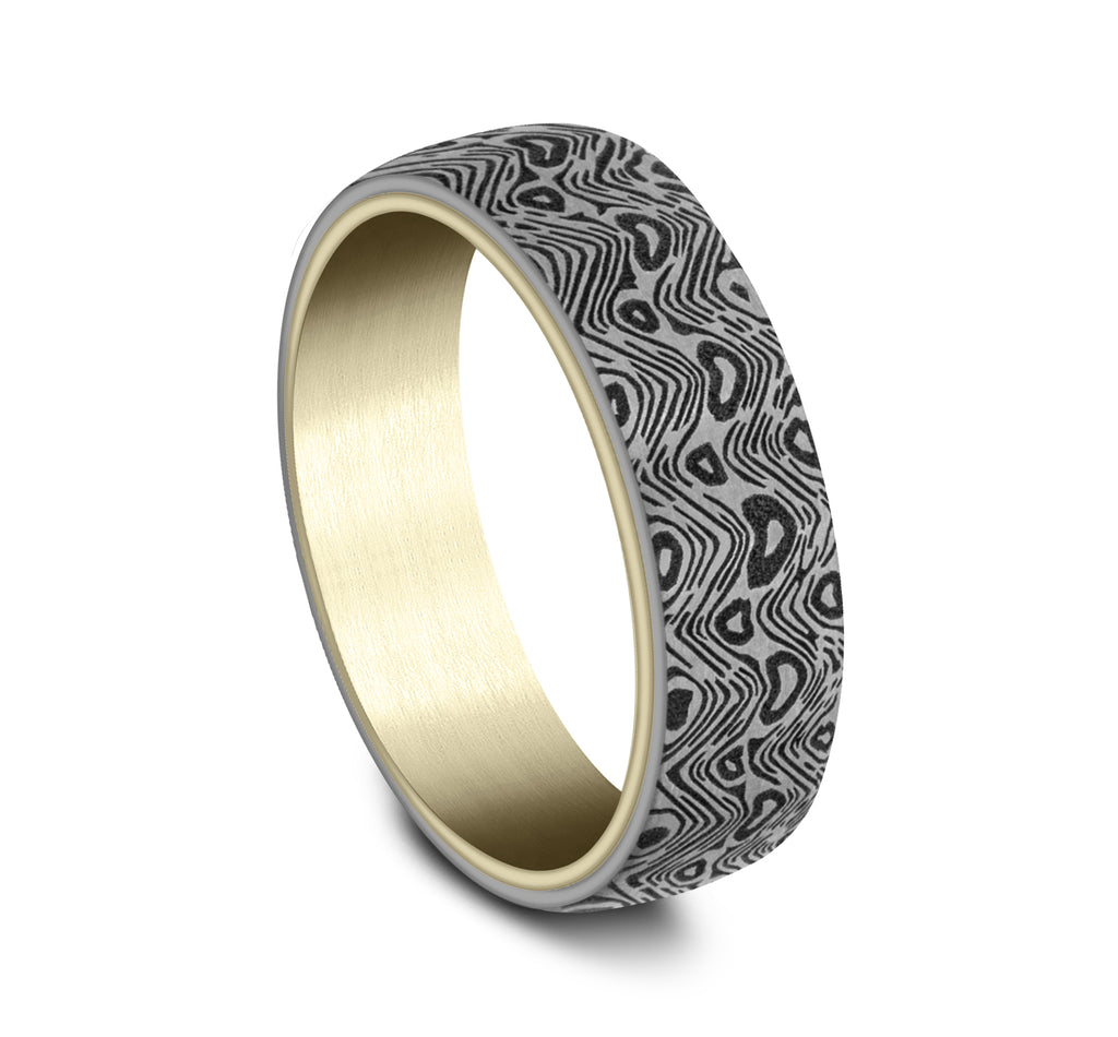 THE WAVE 6.5mm, Comfort fit, 14K Yellow Gold and Grey Tantalum, Unique Tamascus design