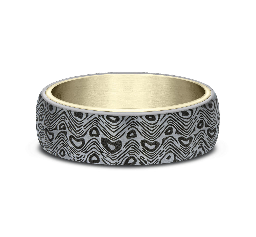 THE WAVE 6.5mm, Comfort fit, 14K Yellow Gold and Grey Tantalum, Unique Tamascus design