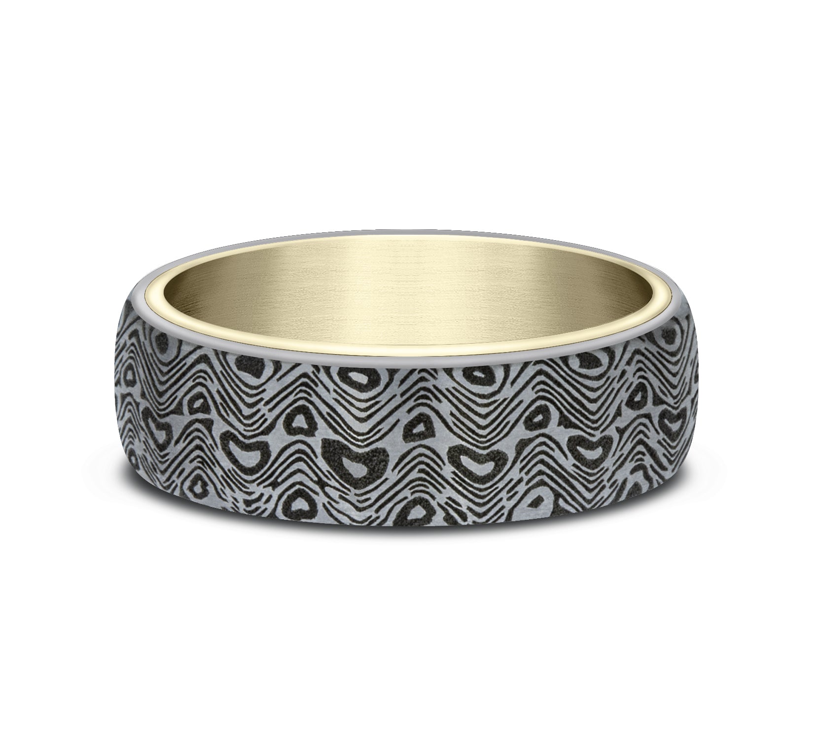 THE WAVE 6.5mm, Comfort fit, 14K Yellow Gold and Grey Tantalum, Unique Tamascus design