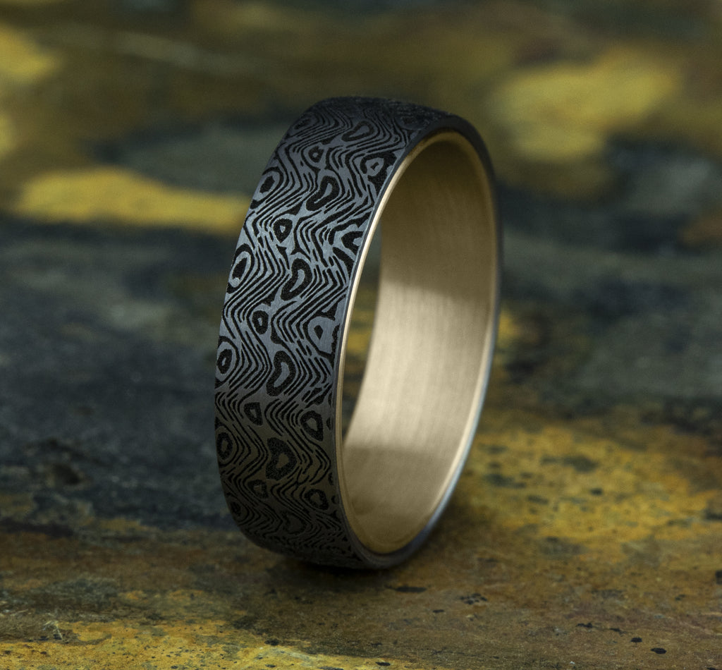 THE WAVE 6.5mm, Comfort fit, 14K Yellow Gold and Grey Tantalum, Unique Tamascus design