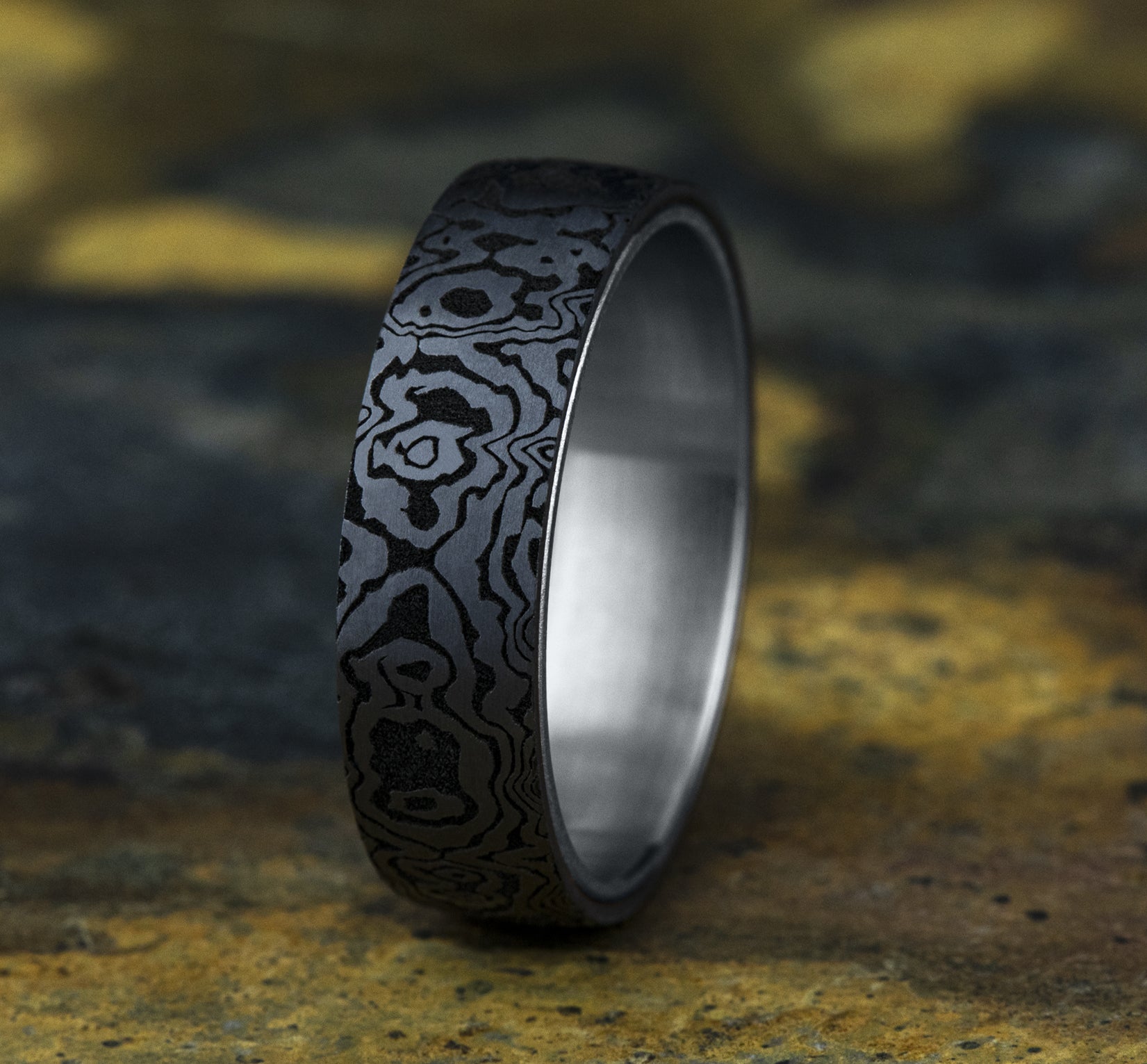 THE SWORD 6.5mm, Comfort fit, 14K White Gold and Grey Tantalum, Unique Tamascus design