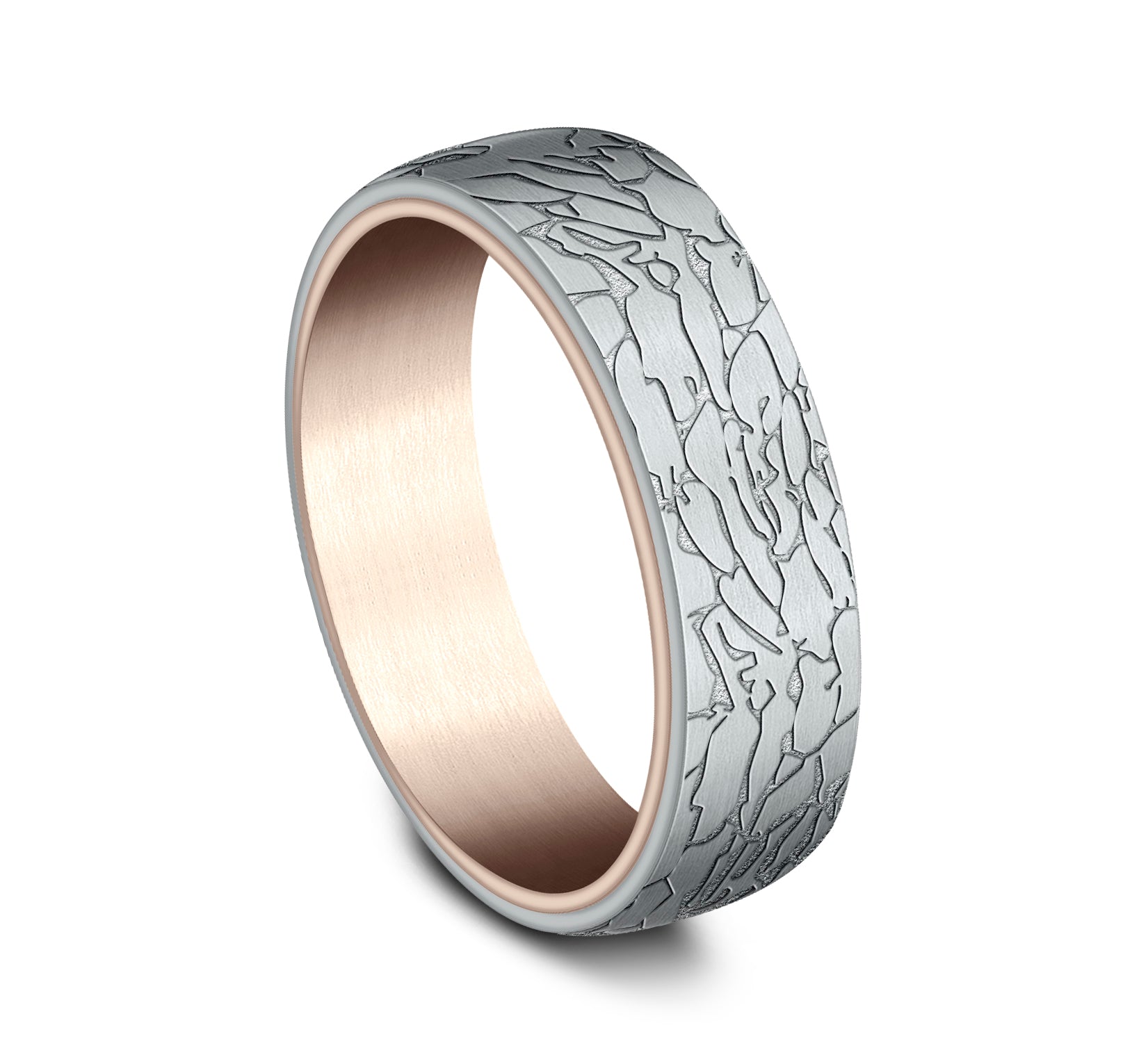 THE AVALON 6.5mm, Comfort fit, 14K Rose and White Gold, Fractured rock pattern