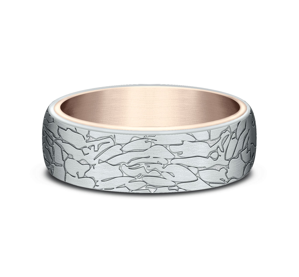 THE AVALON 6.5mm, Comfort fit, 14K Rose and White Gold, Fractured rock pattern