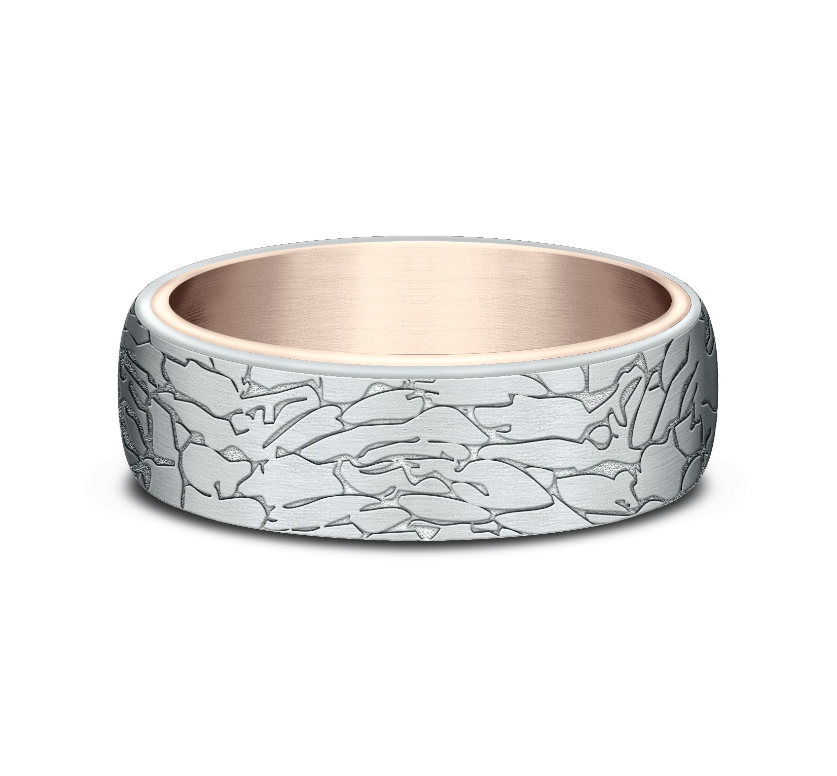 THE AVALON 6.5mm, Comfort fit, 14K Rose and White Gold, Fractured rock pattern