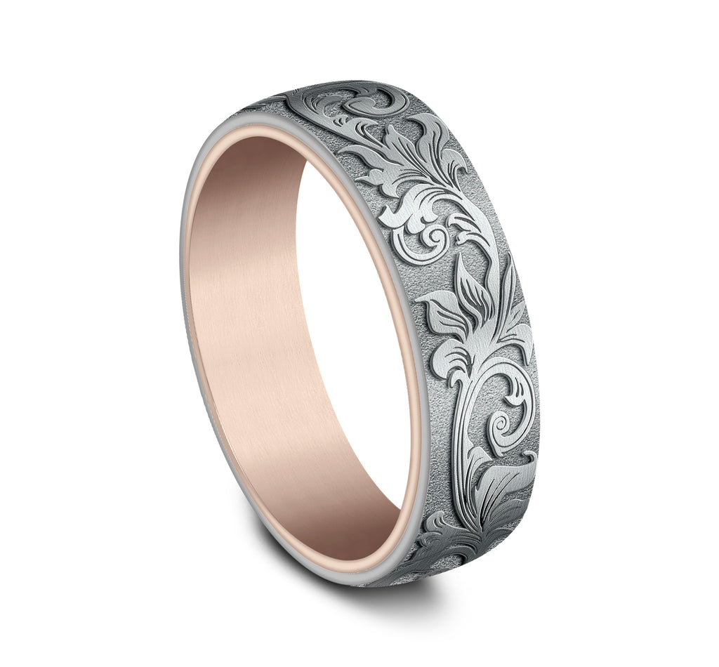 THE PALACE 6.5mm, Comfort fit, 14K Rose and White Gold, Vintage script pattern
