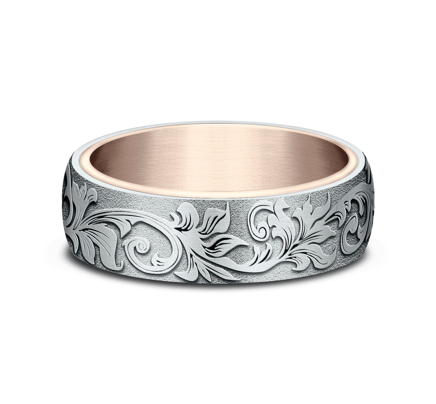 THE PALACE 6.5mm, Comfort fit, 14K Rose and White Gold, Vintage script pattern