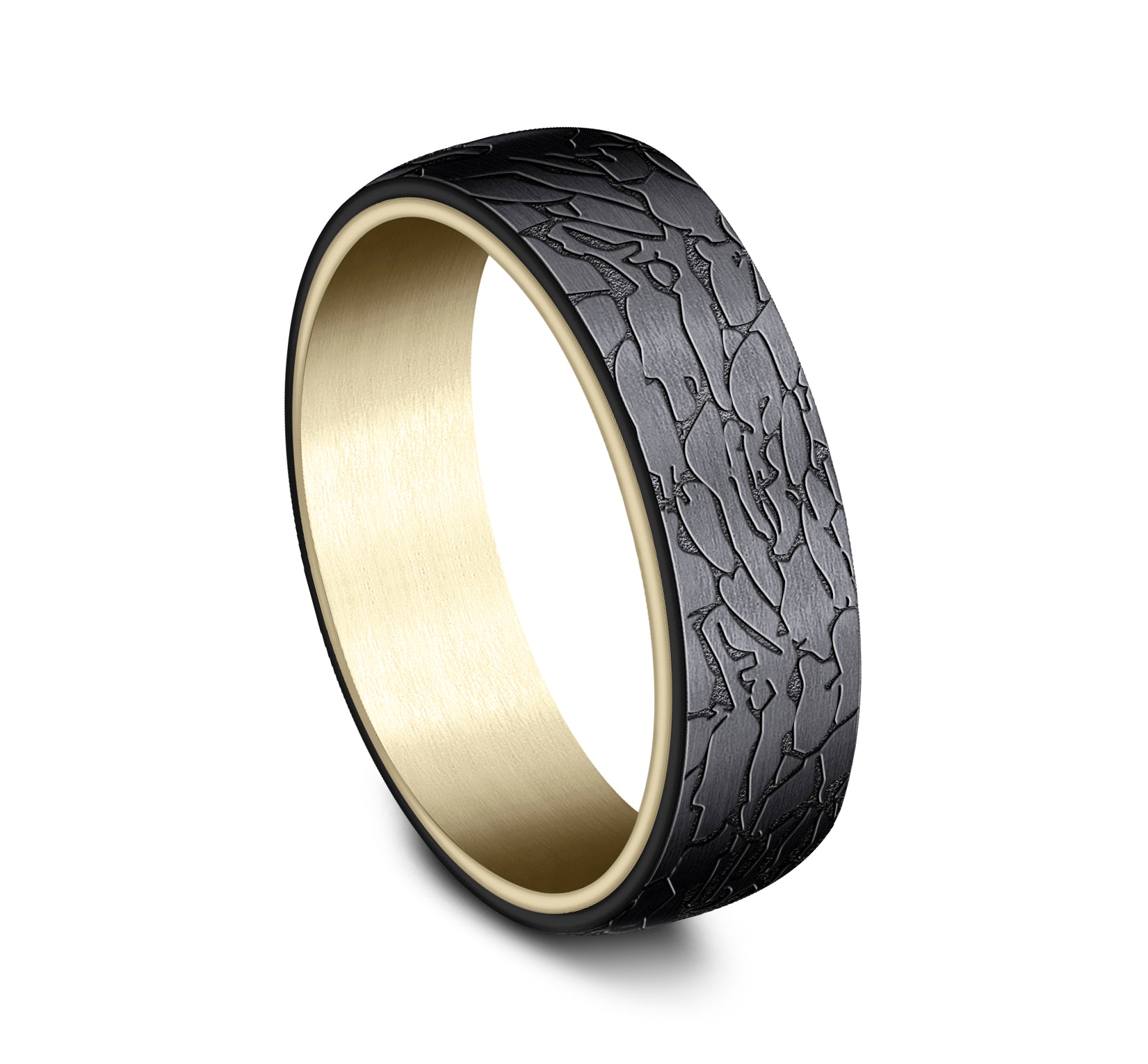 THE AVALON 6.5mm, Comfort fit, 14K Yellow Gold and Black Titanium, Fractured rock pattern