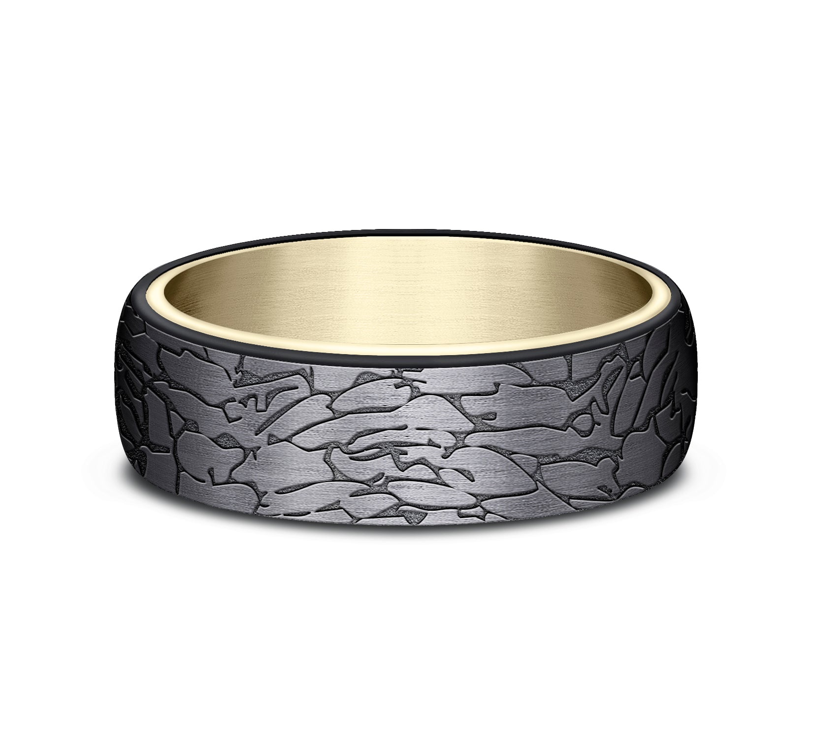 THE AVALON 6.5mm, Comfort fit, 14K Yellow Gold and Black Titanium, Fractured rock pattern