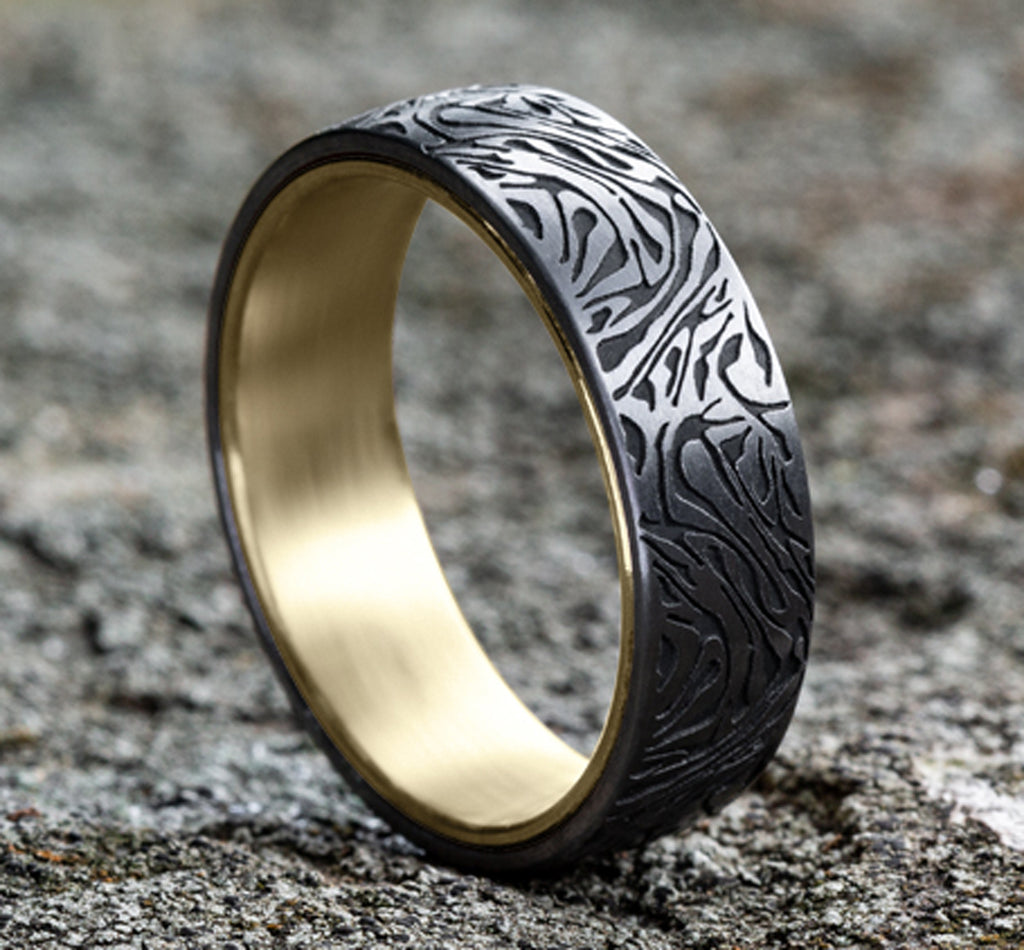 THE IMPERIAL 6.5mm, Comfort fit, 14K Yellow and Grey Tantalum, Faux mokume pattern