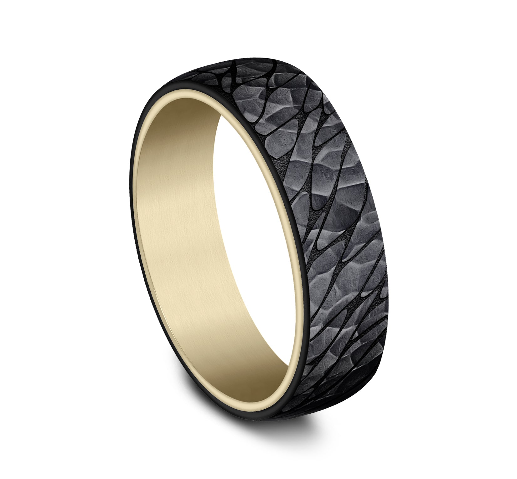 THE SUPERIOR 6.5mm, Comfort fit, 14K Yellow Gold and Black Titanium, Pebble pattern with hammered finish