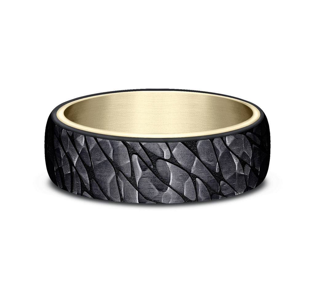 THE SUPERIOR 6.5mm, Comfort fit, 14K Yellow Gold and Black Titanium, Pebble pattern with hammered finish