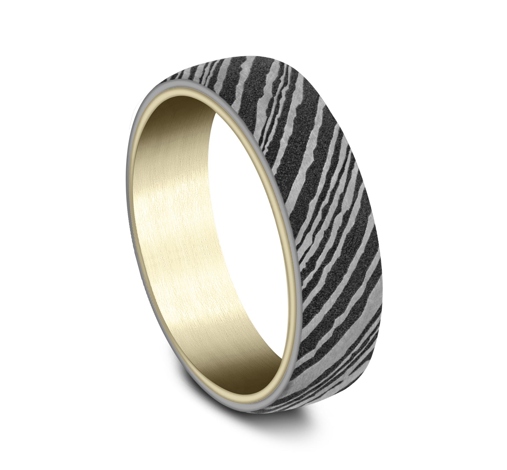 THE BLADE 6.5mm, Comfort fit, 14K Yellow Gold and Damascus Steel, Damascus Steel outer design
