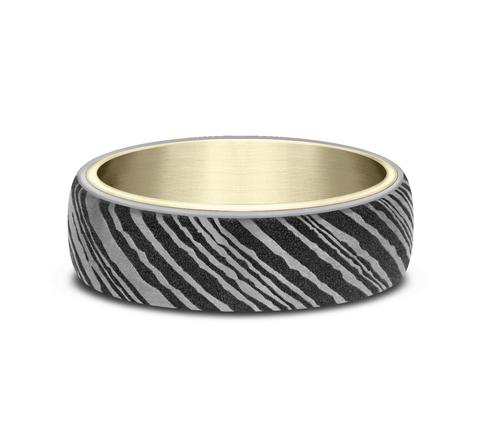 THE BLADE 6.5mm, Comfort fit, 14K Yellow Gold and Damascus Steel, Damascus Steel outer design