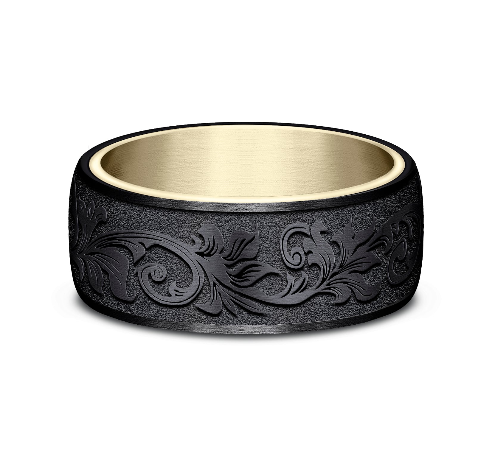 THE PALACE 8mm, Comfort fit, 14K Yellow Gold and Black Titanium, Vintage script pattern