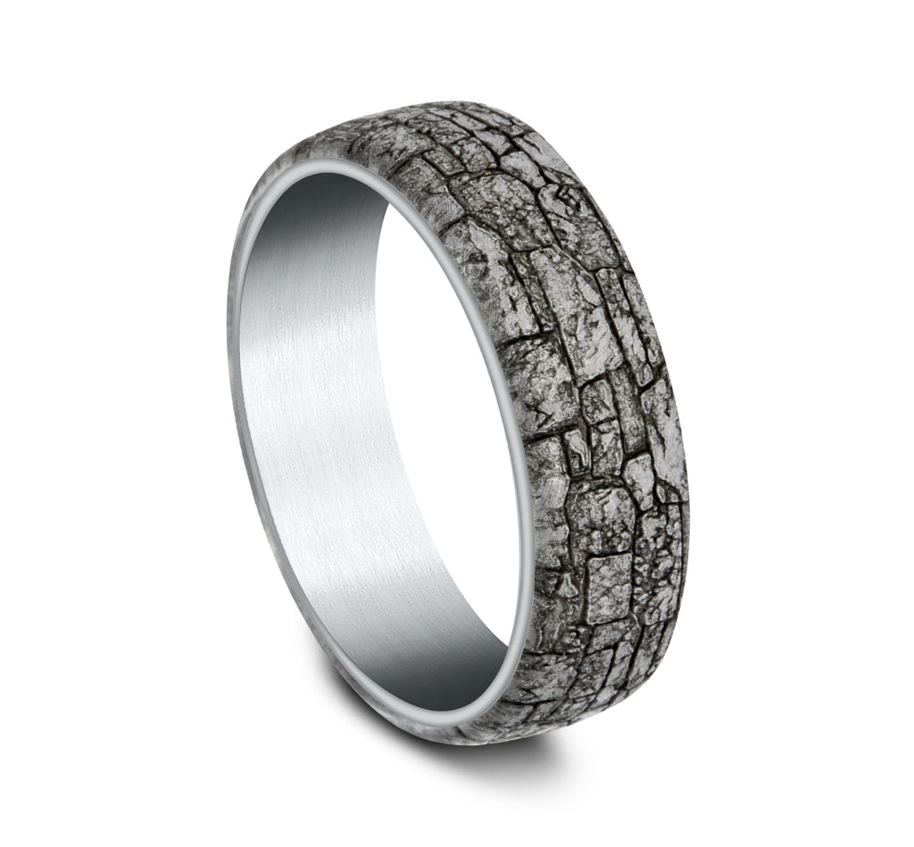 THE TROY 6.5mm, Comfort fit, 14K White Gold and Grey Tantalum, Stone wall pattern