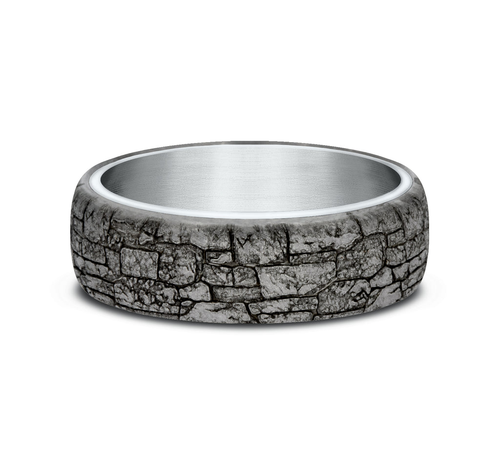 THE TROY 6.5mm, Comfort fit, 14K White Gold and Grey Tantalum, Stone wall pattern
