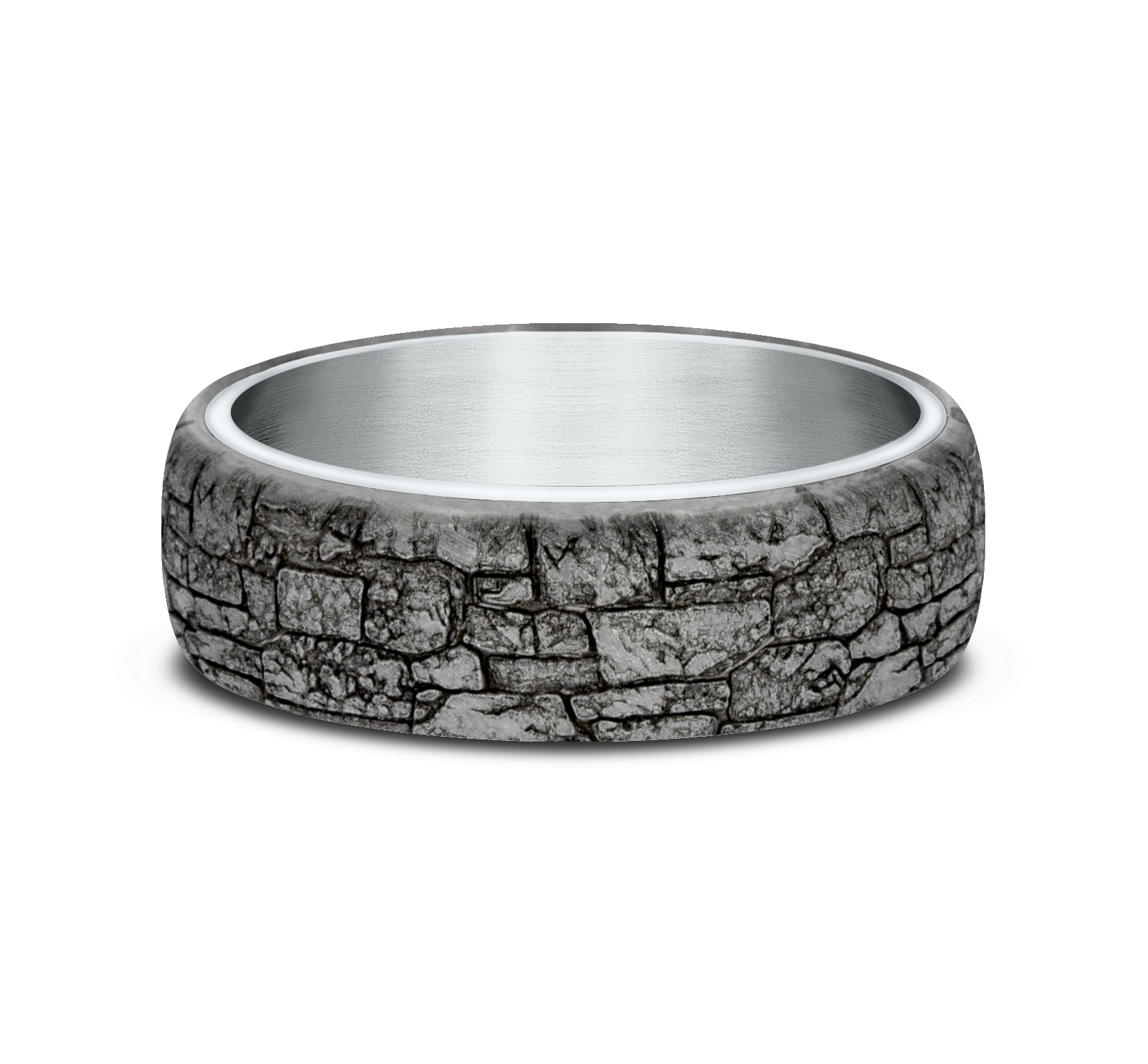 THE TROY 6.5mm, Comfort fit, 14K White Gold and Grey Tantalum, Stone wall pattern