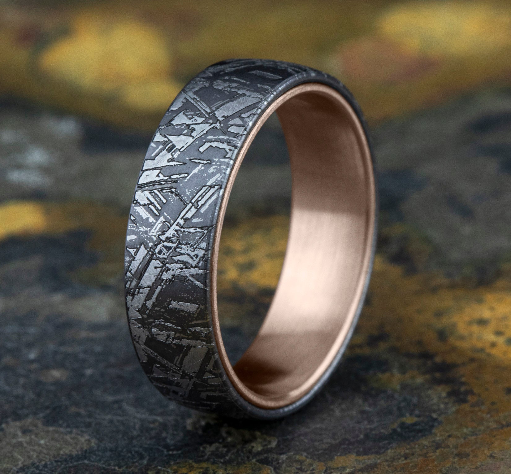 THE DIABLO 6.5mm, Comfort fit, Grey Tantalum and 14K Rose Gold, Meteorite pattern