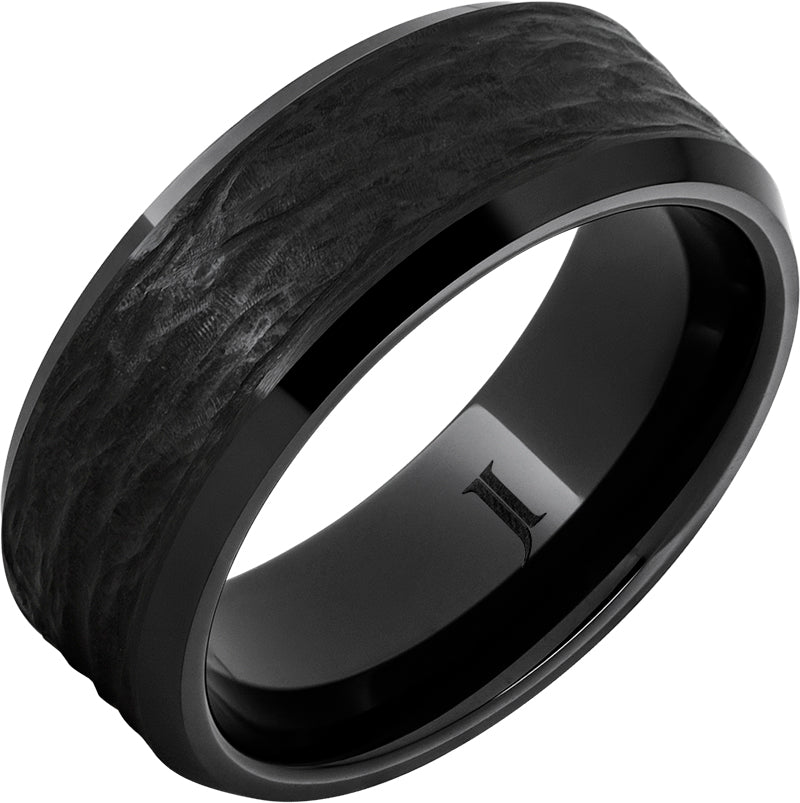 Black Diamond Ceramic Ring with Hand Carved Bark Engraving