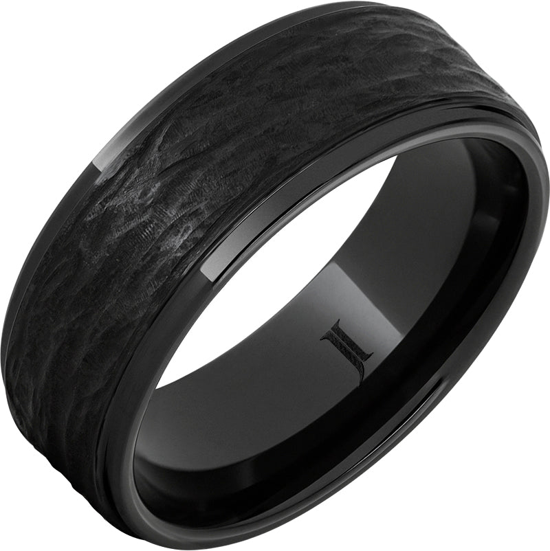 Black Diamond Ceramic Ring with Hand Carved Bark Engraving
