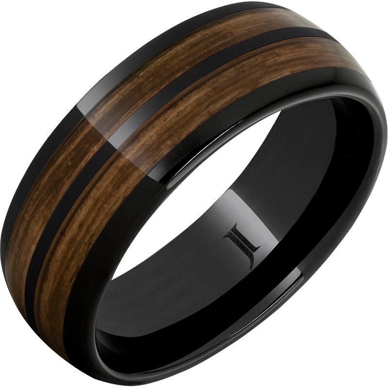 Double Barrel Barrel Aged Black Diamond Ceramic Dome Ring with Bourbon Inlays