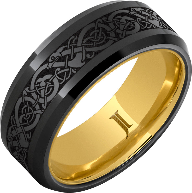 The Viking - Black Diamond Ceramic Engraved Ring with Hidden Gold Interior