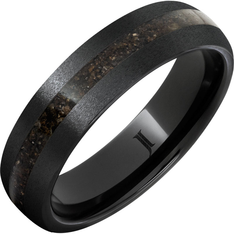 Black Diamond Ceramic Ring with Grey Dinosaur Fossil Bone Inlay