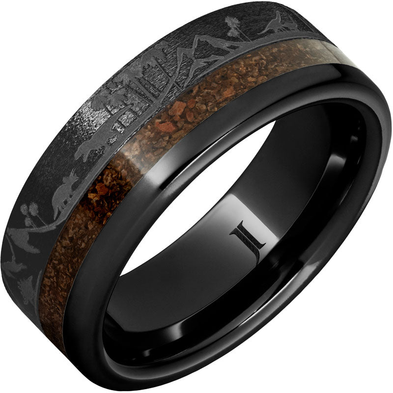 Black Diamond Ceramic Ring with Dinosaur Bone Inlay and Dinosaur Landscape Engraving