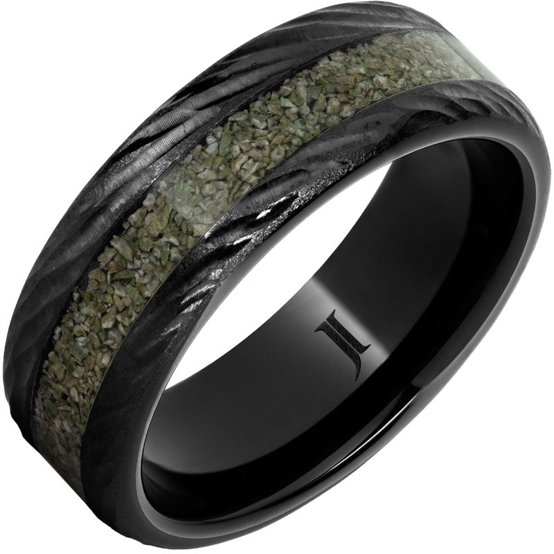 Black Diamond Ceramic Ring with Green Dinosaur Bone Inlay