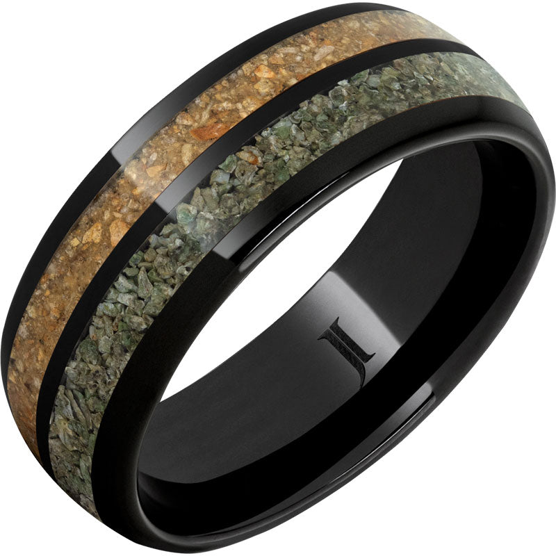Black Diamond Ceramic Dual Dinosaur Bone Inlay Ring