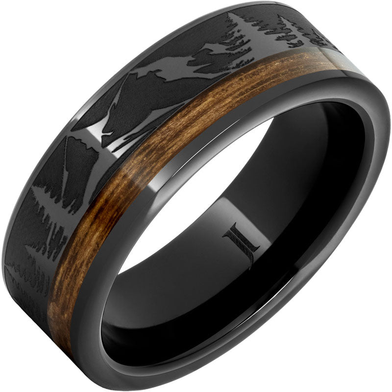 Black Diamond Ceramic Ring with Bourbon Barrel Inlay And Mountain Pine Forest Engraving