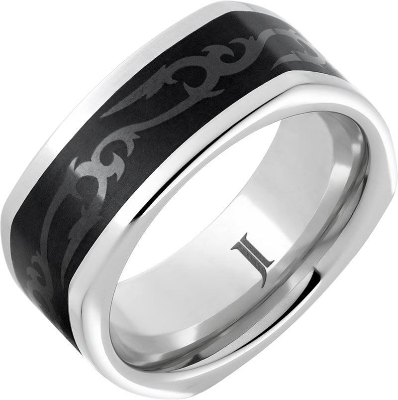 Celtic Cubist - Serinium Ring with Ceramic Inlay and Celtic Thorn Engraving