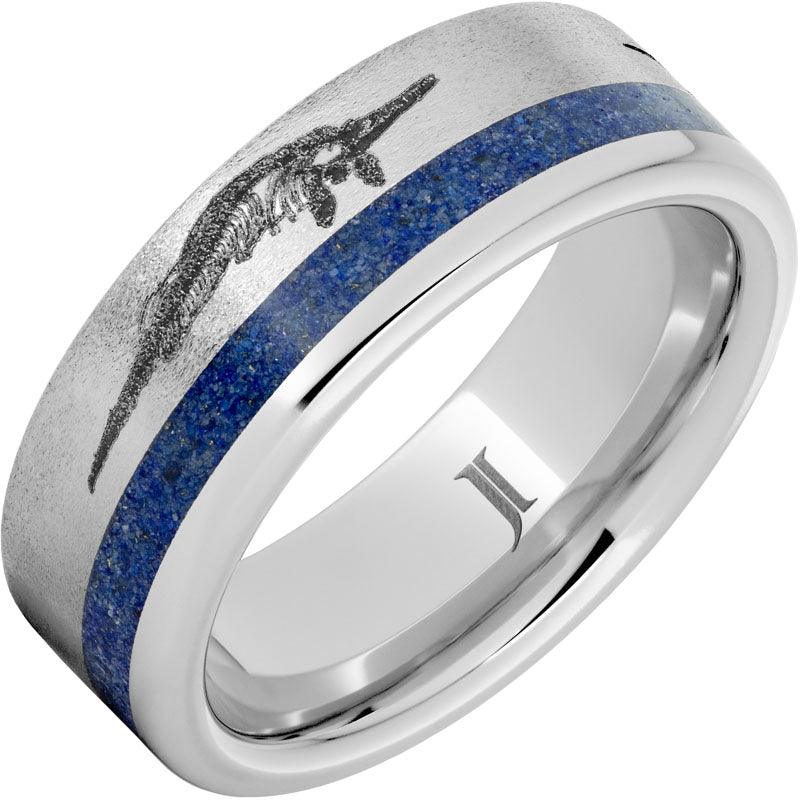 Monsters Of The Deep - Serinium Ring with Lapis Inlay and Prehistoric Sea Predators Engraving