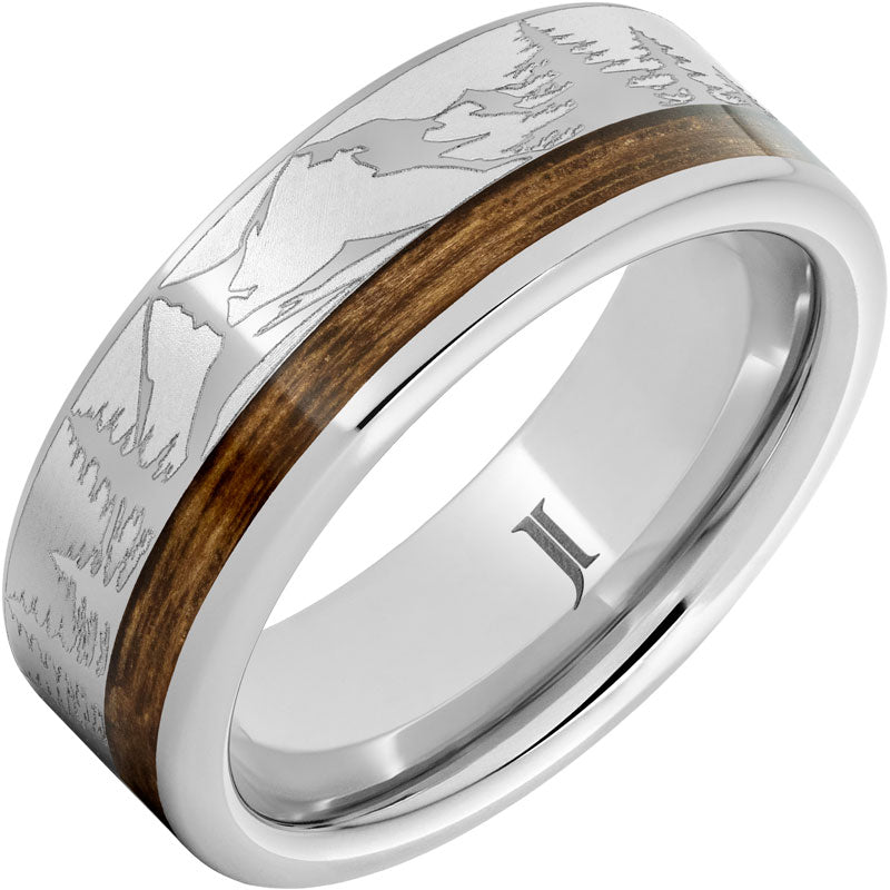 Serinium Ring with Bourbon Barrel Inlay And Mountain Pine Forest Engraving