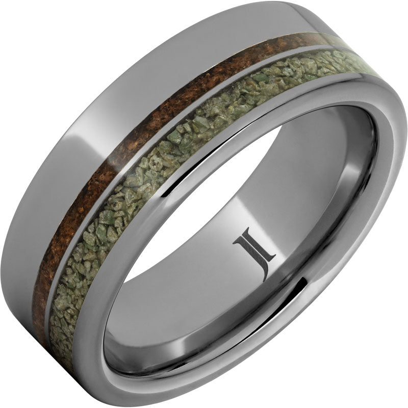 Rugged Tungsten Ring with Dual Dinosaur Fossil Inlays