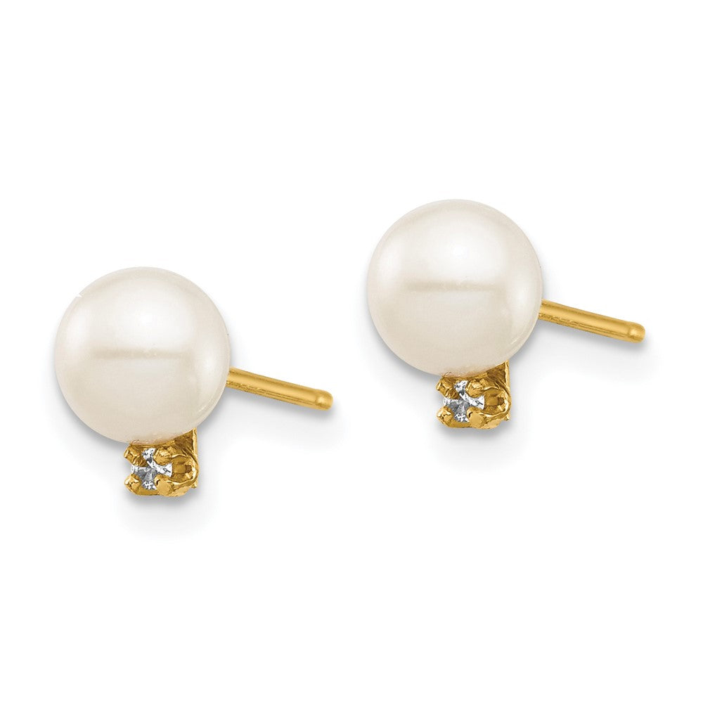 Cricket Bug 14k Madi K 5-6mm White Round Freshwater Cultured Pearl and .02 Carat Diamond Post Earrings with Silicone Backs