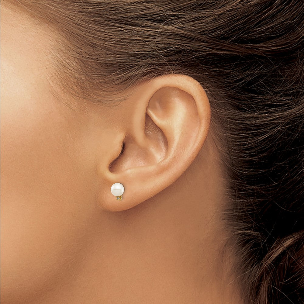 Cricket Bug 14k Madi K 5-6mm White Round Freshwater Cultured Pearl and .02 Carat Diamond Post Earrings with Silicone Backs