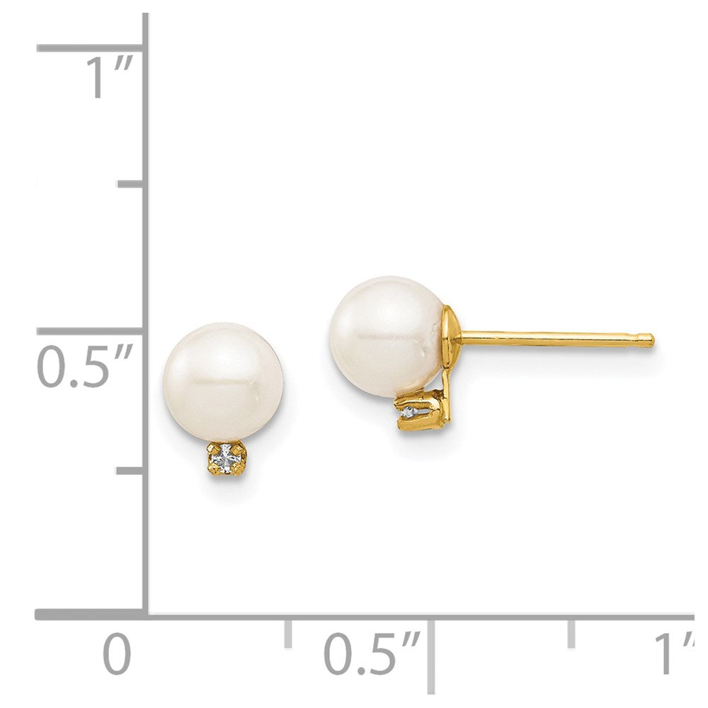 Cricket Bug 14k Madi K 5-6mm White Round Freshwater Cultured Pearl and .02 Carat Diamond Post Earrings with Silicone Backs