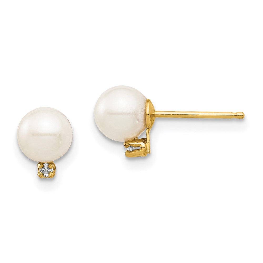 Cricket Bug 14k Madi K 5-6mm White Round Freshwater Cultured Pearl and .02 Carat Diamond Post Earrings with Silicone Backs