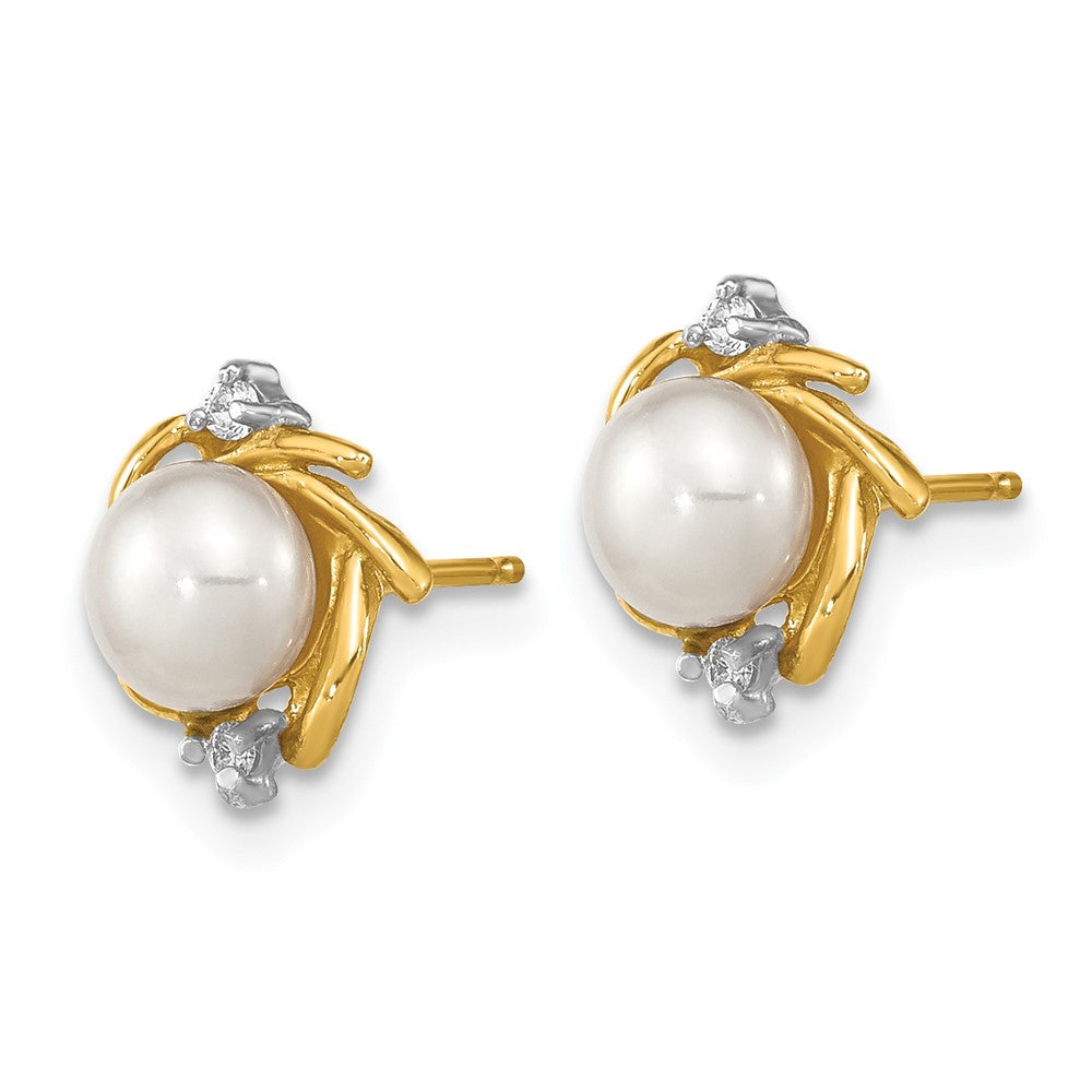 Buddy 14k Madi K 5-6mm Button White Freshwater Cultured Pearl and .04 Carat Diamond Post Earrings