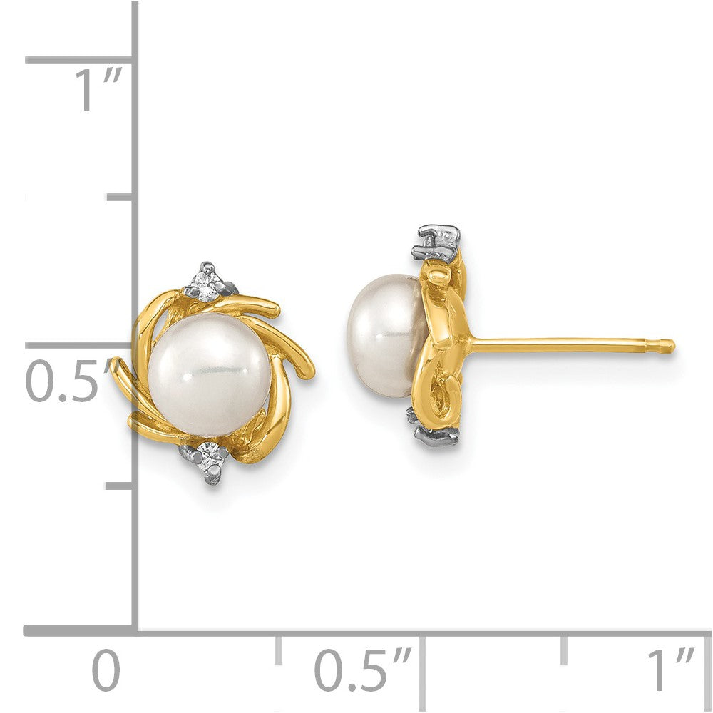 Buddy 14k Madi K 5-6mm Button White Freshwater Cultured Pearl and .04 Carat Diamond Post Earrings