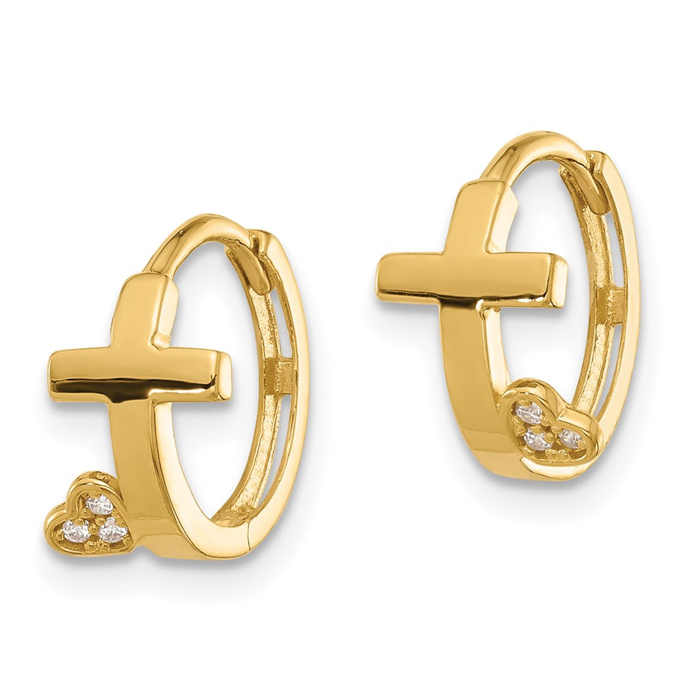 Bumble 14k Madi K Polished Cross w/CZ Heart Hinged Huggie Hoop Earrings
