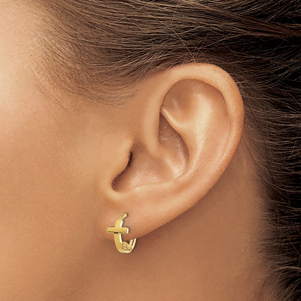 Bumble 14k Madi K Polished Cross w/CZ Heart Hinged Huggie Hoop Earrings