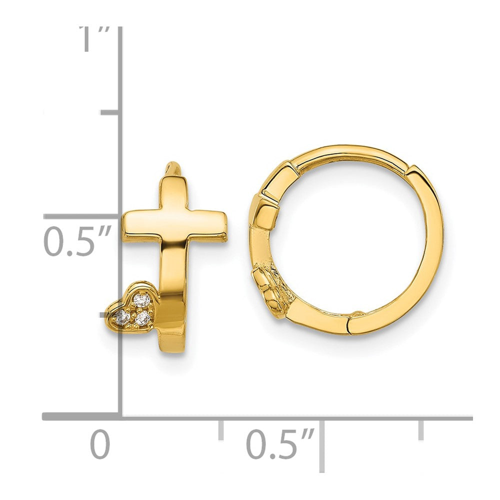 Bumble 14k Madi K Polished Cross w/CZ Heart Hinged Huggie Hoop Earrings