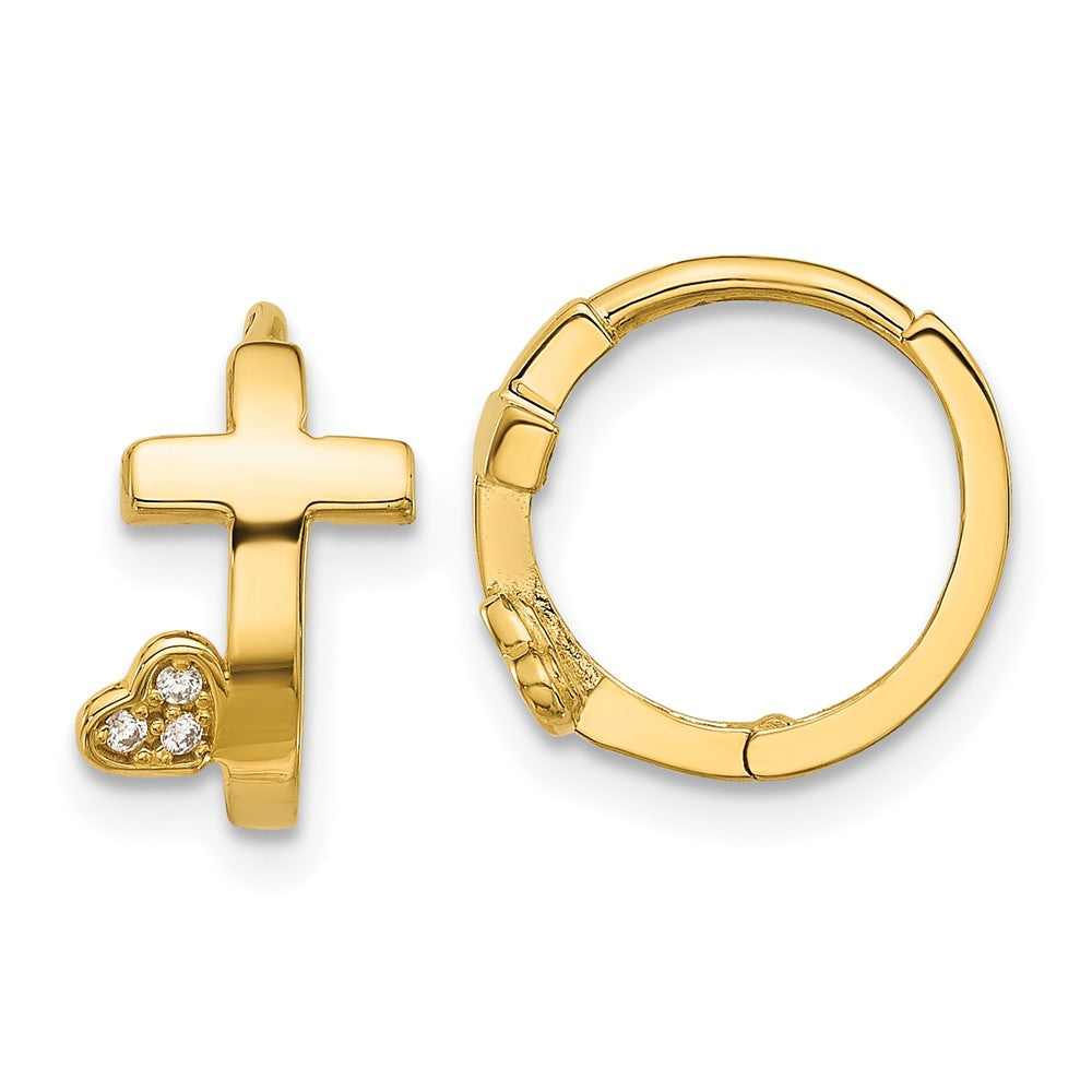 Bumble 14k Madi K Polished Cross w/CZ Heart Hinged Huggie Hoop Earrings