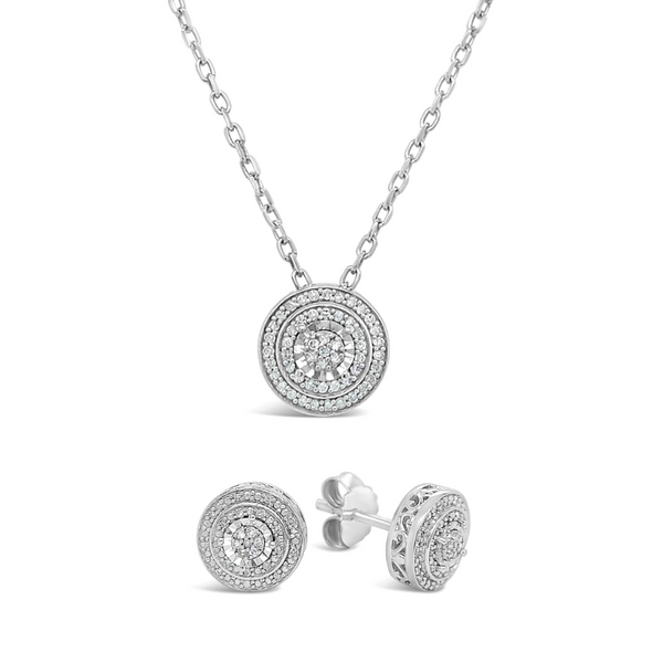 Sterling Silver Halo Diamond Earrings and Pendant