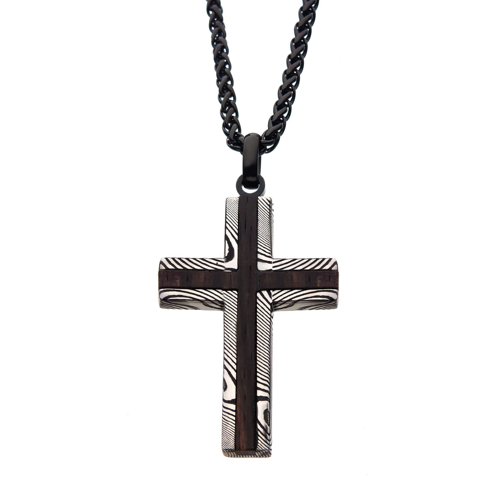 Black Plated Stainless Steel Damascus Cross with Ebony Wood Inlay